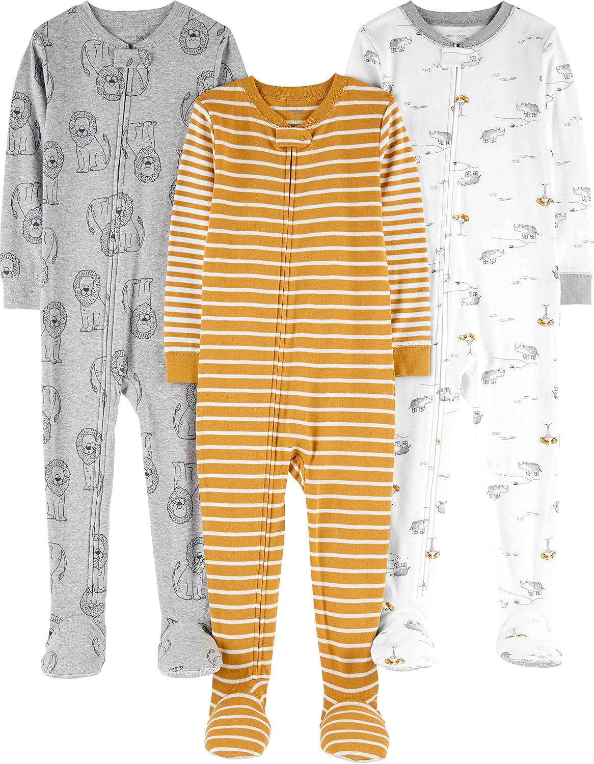 Pijama de Algodão Simple Joys by Carter's Pacote com 3 Kit com três macacões infantis da marca Carter's em algodão com estampas de leão e listras