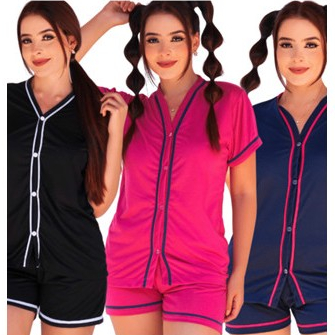 Pijama Americano Baby Doll Feminino com Botão e Manga Curta