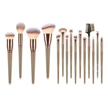 Kit de Pincéis Kabuki Profissional Champanhe com 15 Peças