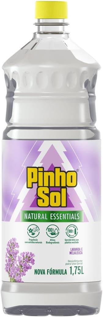 Desinfetante Pinho Sol Naturals Lavanda e Melaleuca 1,75L Frasco de desinfetante Pinho Sol Naturals Lavanda e Melaleuca posicionado em ambiente doméstico limpo.