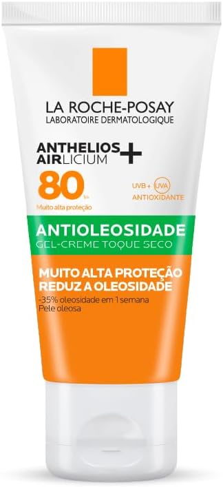 La Roche-Posay Anthelios Airlicium+ FPS 80 Sem Cor Frasco de protetor solar facial branco com detalhes em laranja e escrita azul em fundo claro