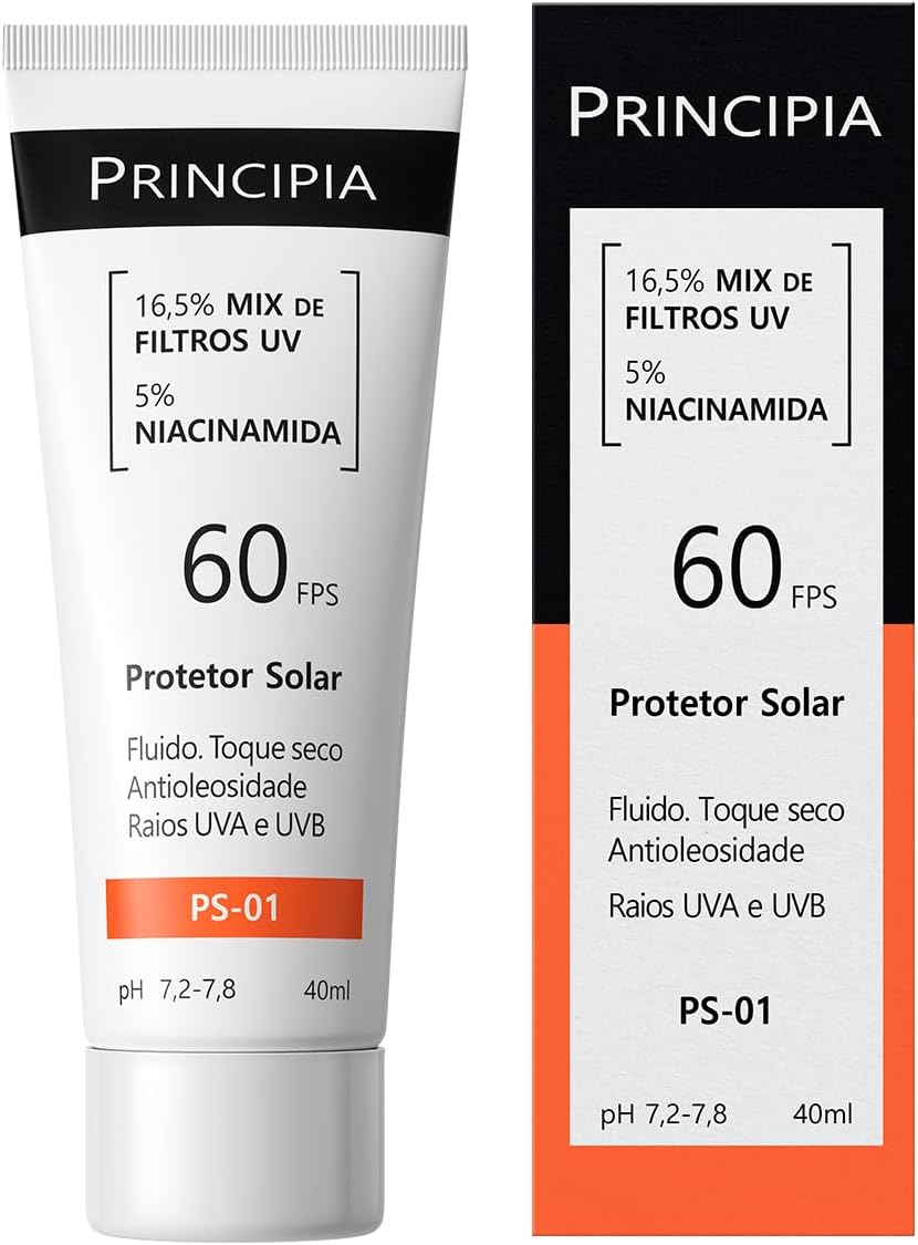 Protetor Solar Facial PS-01 FPS 60 e Niacinamida Protetor solar facial branco com detalhes em azul contendo 40ml de produto com FPS 60 e Niacinamida