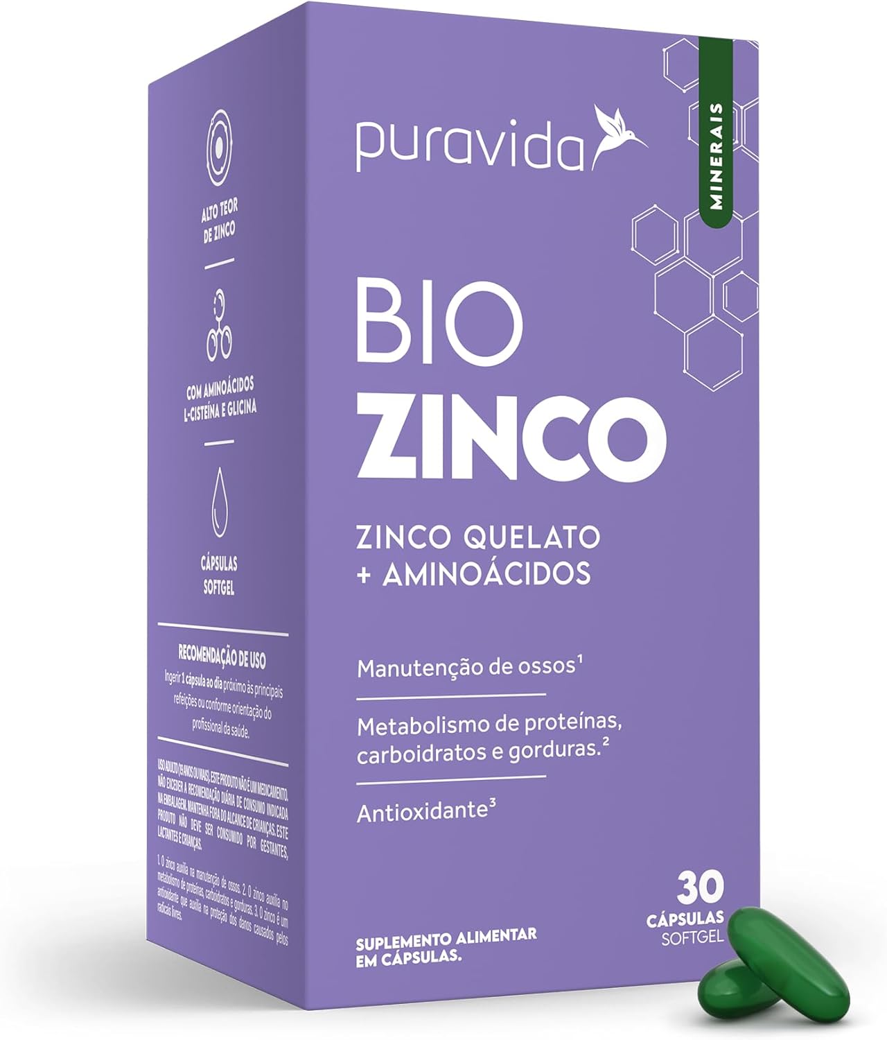 Puravida Bio Zinco: Suplemento de Alta Absorção com 30 Cápsulas