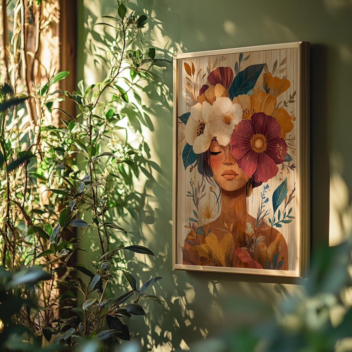 Quadro Decorativo Mulher com Flores e Moldura Arte Vintage