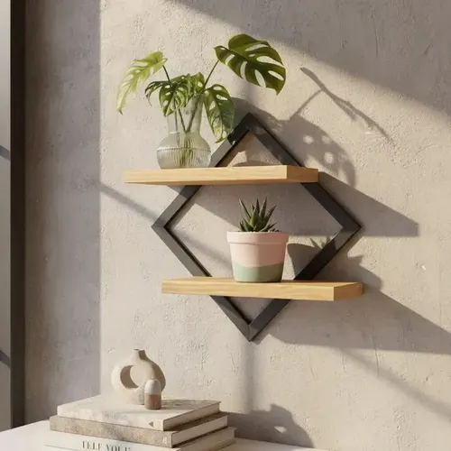 Quadro Decorativo com Prateleira Dupla e Nicho Moldura Pinus