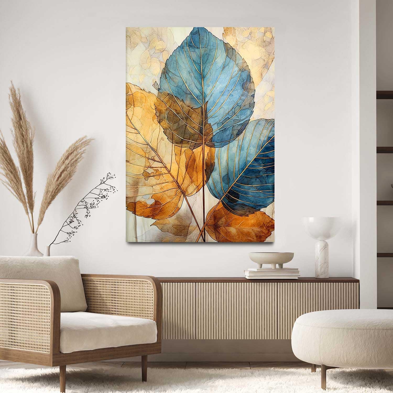 Quadro Decorativo Folhas Clean Azul e Dourado 90x60