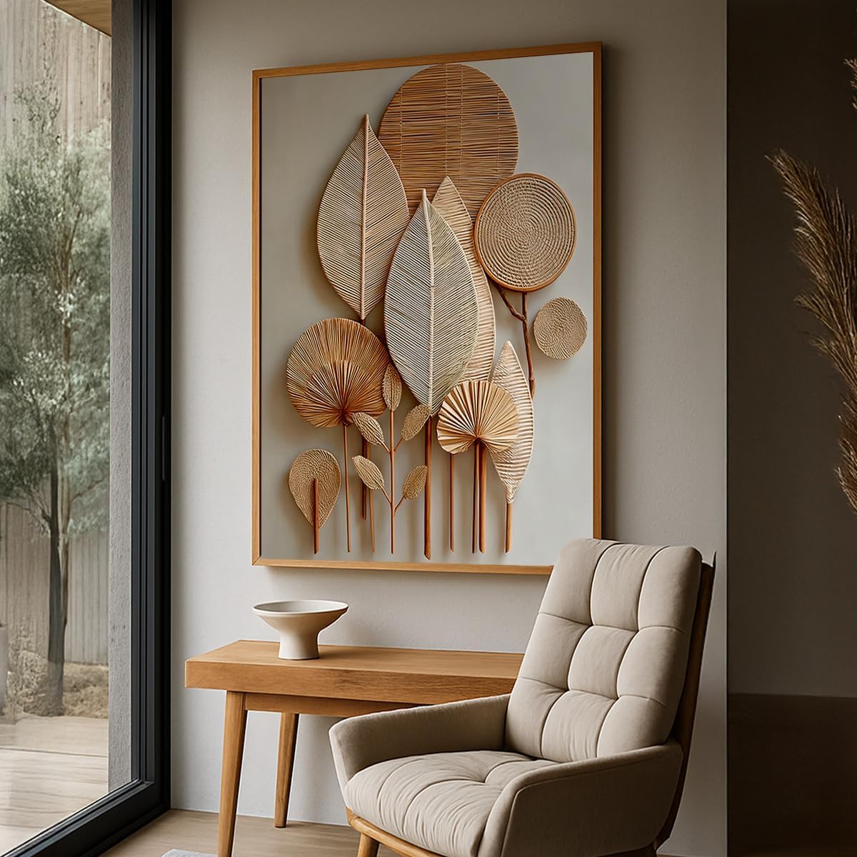 Quadro Decorativo Trama Fibra Folhas com Moldura