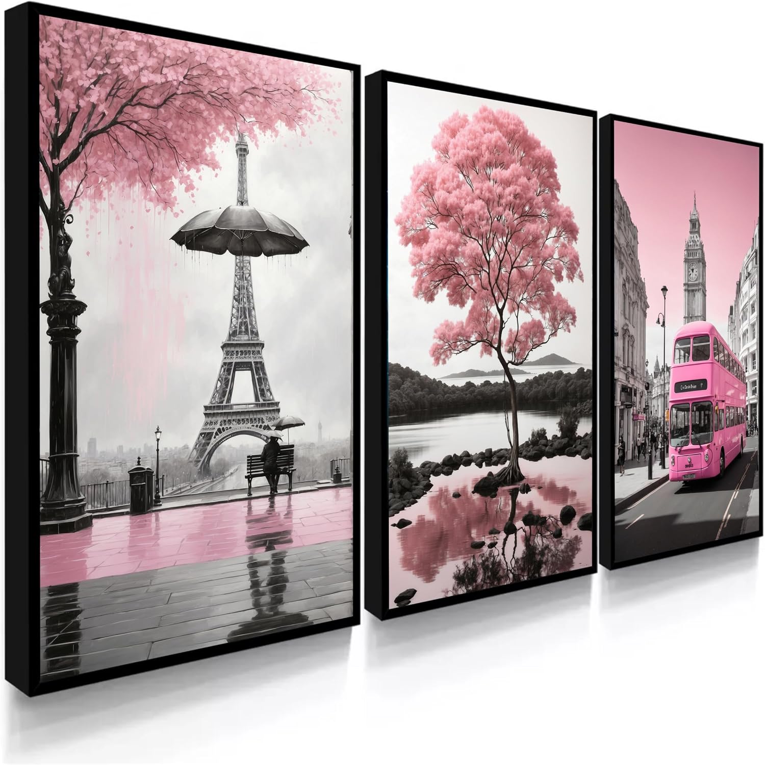 Conjunto de Quadros Decorativos Londres, Paris e Árvore da Vida