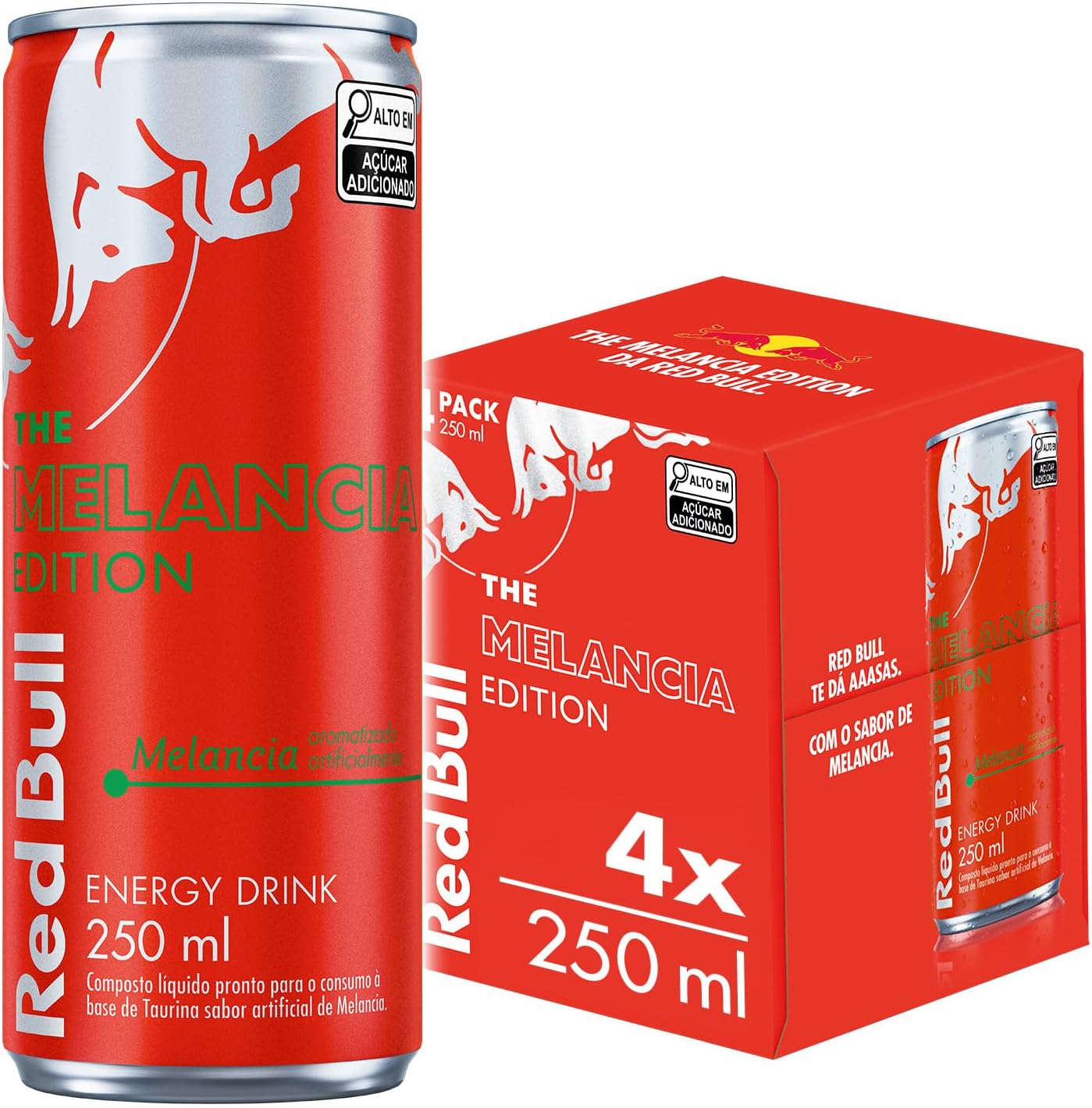 Pack Red Bull Energy Drink Red Edition Melancia Quatro latas vermelhas de energético sabor melancia posicionadas verticalmente em embalagem de papelão