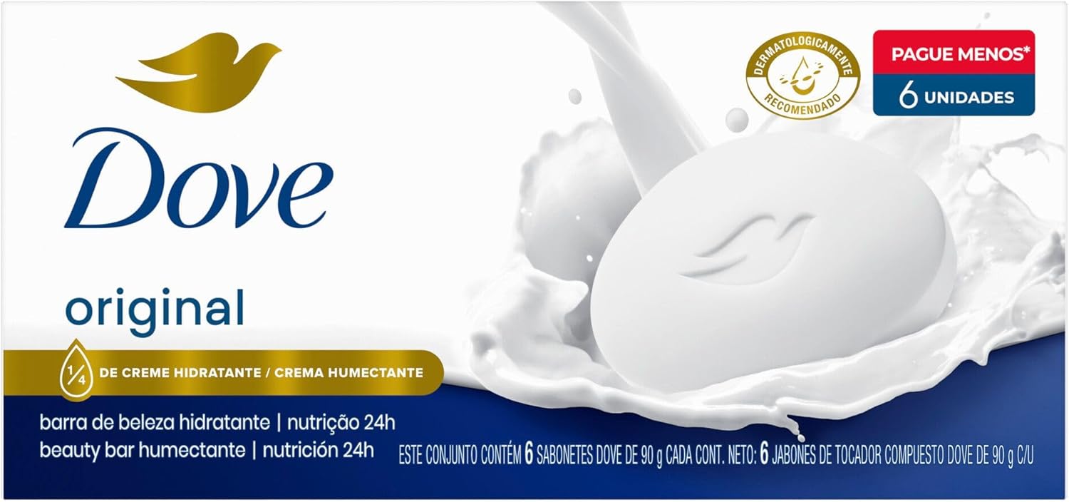 Sabonete Dove Original Pack Econômico 6 Unidades Pack com seis unidades do sabonete em barra Dove Original 90g com embalagem branca e azul tradicional