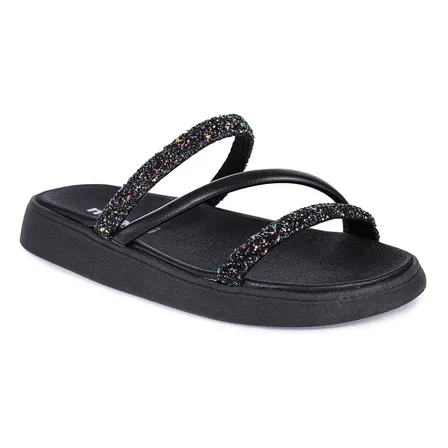 Sandália Moleca Papete Feminina com Brilho Glitter Slide Nude