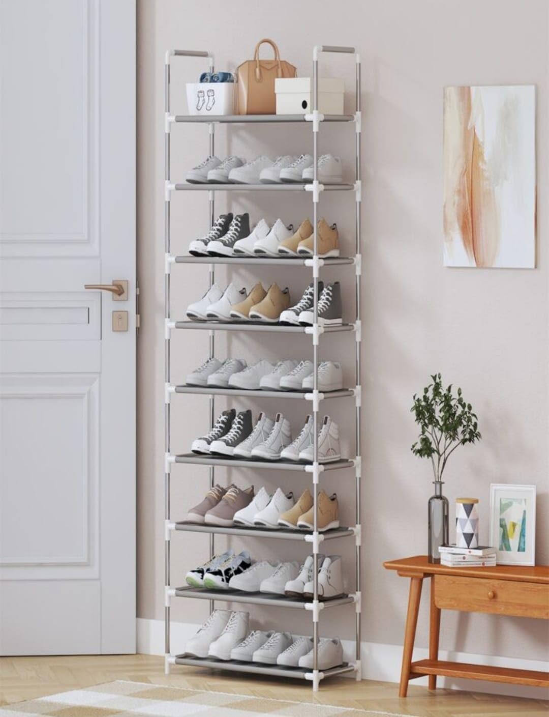 Sapateira Vertical Luxo em Aço Inox: 9 Prateleiras para 27 Pares
