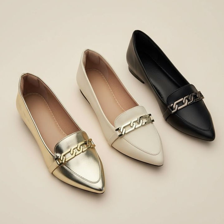 Sapatilha Feminina Mocassim Bico Fino com Corrente e Palmilha Comfort