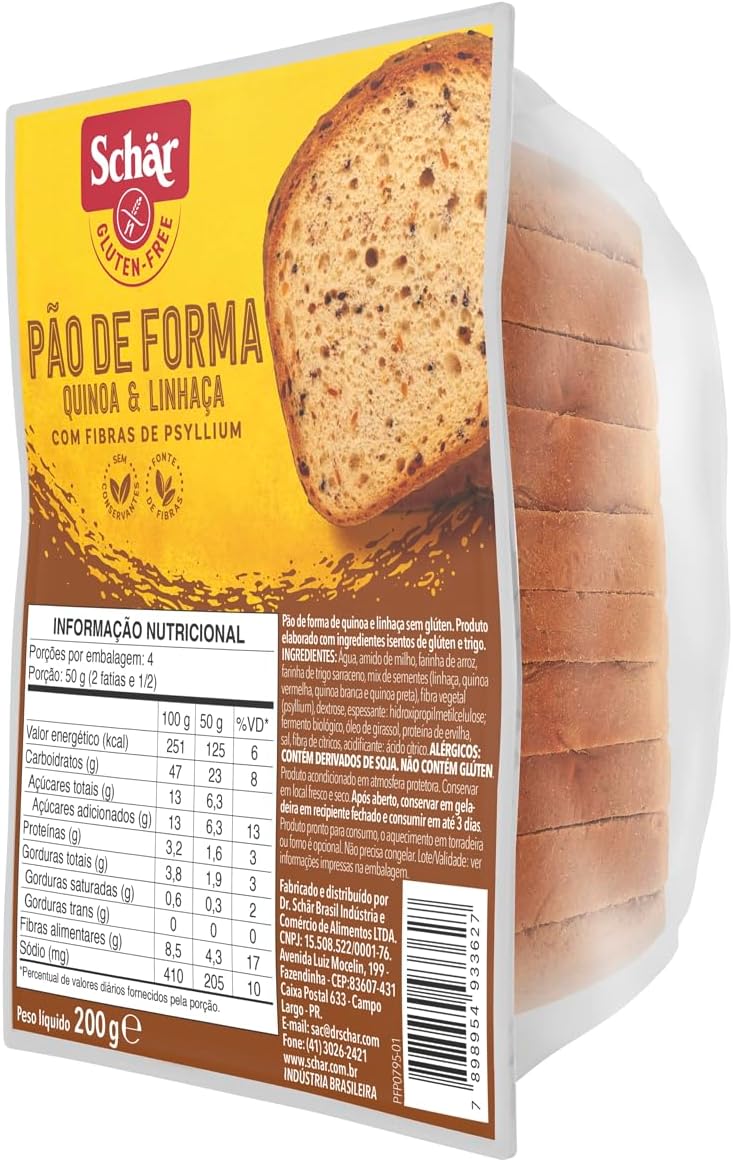 Schar Pão de Forma Sem Glúten e Sem Lactose Quinoa e Linhaça 200g