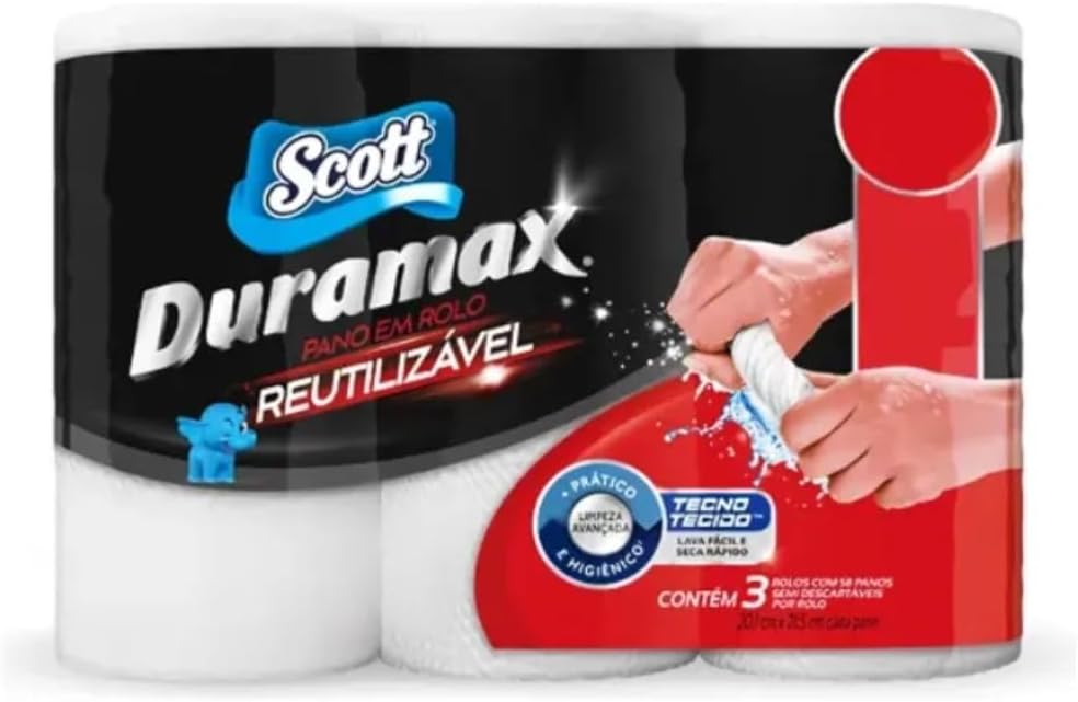 Kit de Panos Reutilizáveis Scott Duramax 174 Folhas Três rolos de pano reutilizável Scott Duramax brancos dispostos verticalmente em superfície neutra para limpeza doméstica