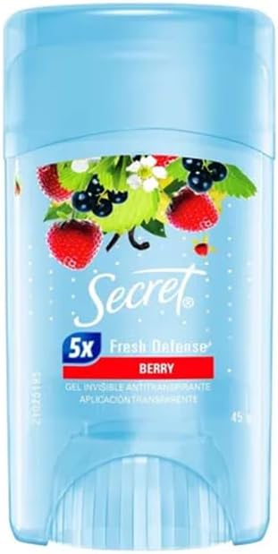 Secret Antitranspirante em Gel Berry 45g Embalagem de desodorante antitranspirante em formato gel transparente com fragrância de frutas vermelhas berry