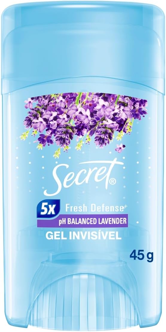 Desodorante Antitranspirante Secret Gel Lavanda 45g Embalagem do desodorante Secret em gel lavanda de quarenta e cinco gramas sobre fundo claro