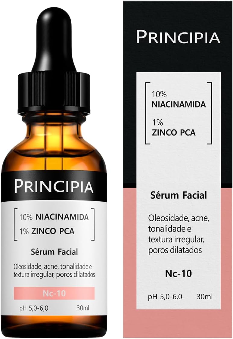 Sérum Facial NC-10 para Controle de Oleosidade Frasco de sérum facial transparente com conta-gotas em fundo neutro realçando rótulo branco e preto