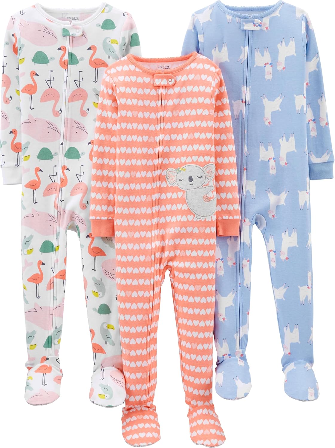 Kit 3 Pijamas Simple Joys by Carter's Algodão Três pijamas macacão para bebês meninas com estampas de corações e lhamas em algodão