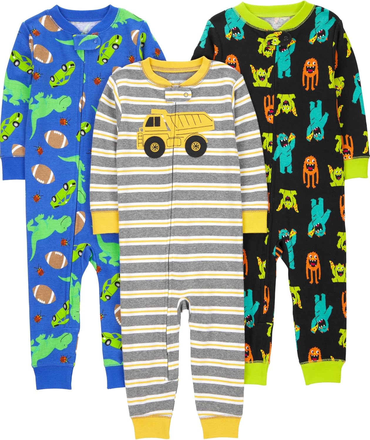Kit de 3 Pijamas de Algodão Simple Joys by Carter's Três macacões infantis masculinos da marca Carter's nas cores preto com monstro, azul com dinossauro e listrado cinza.