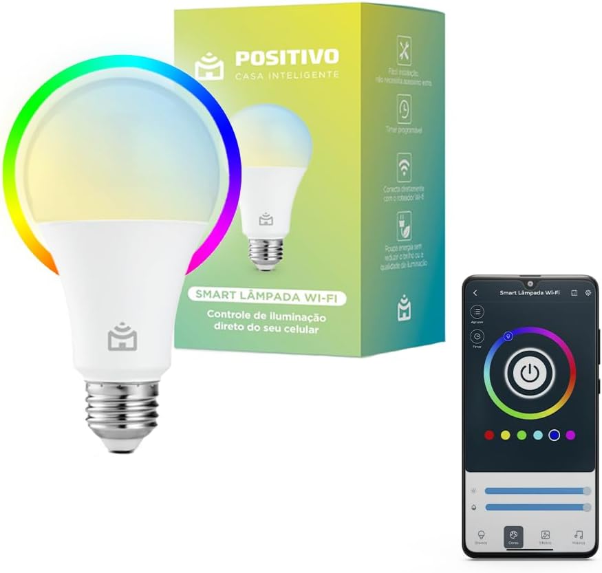Lâmpada Inteligente Positivo Wi-Fi 9W RGB Smart lâmpada LED branca em formato clássico conectada via Wi-Fi para automação residencial inteligente