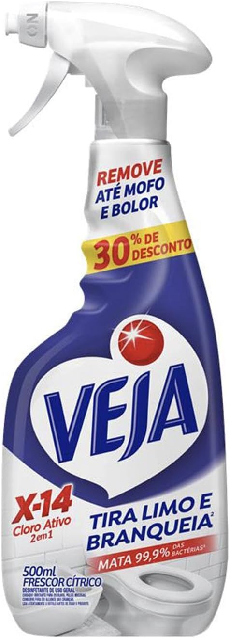 Spray Veja Banheiro X14 Tira Limo 500ml com Cloro Ativo Frasco de plástico branco com gatilho azul e rótulo laranja Veja Banheiro X14 Tira Limo 500ml