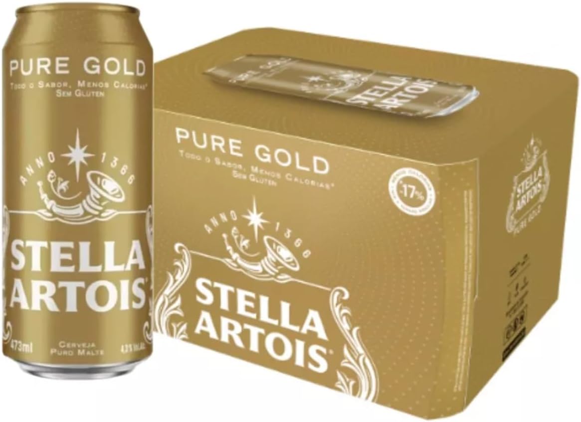 Stella Artois Pure Gold Sem Glúten Pack 12 unidades Pack de doze latas de cerveja dourada em destaque sobre fundo neutro para consumo social equilibrado