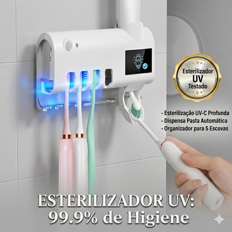 Suporte para Escova de Dentes com Dispensador de Creme Dental e Esterilizador UV