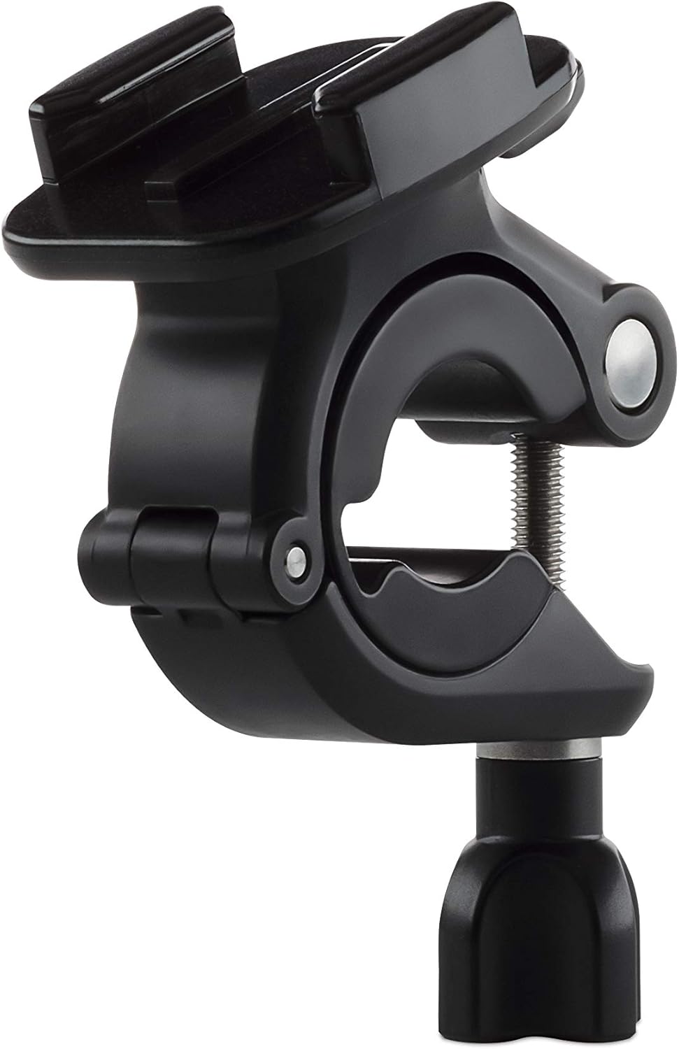 Suporte Tubular Pequeno GoPro Oficial Suporte Tubular Pequeno GoPro preto instalado em uma barra cilíndrica para câmeras de ação Hero