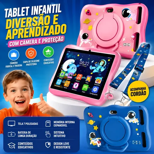 Tablet Infantil com YouTube e Play Store Rosa