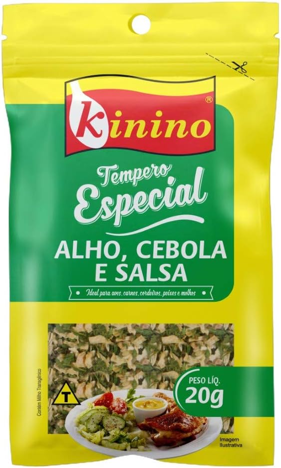 Tempero Especial Alho, Cebola e Salsa Kinino 20g Embalagem compacta de tempero desidratado Kinino com mix de alho, cebola e salsa para uso culinário