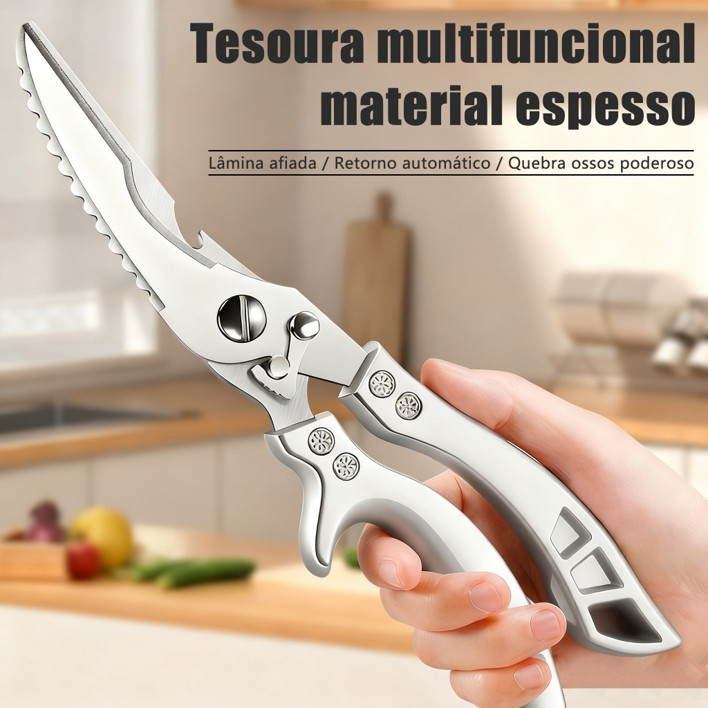 Tesoura de Cozinha Multiuso em Aço Inoxidável Profissional para Carnes e Ossos