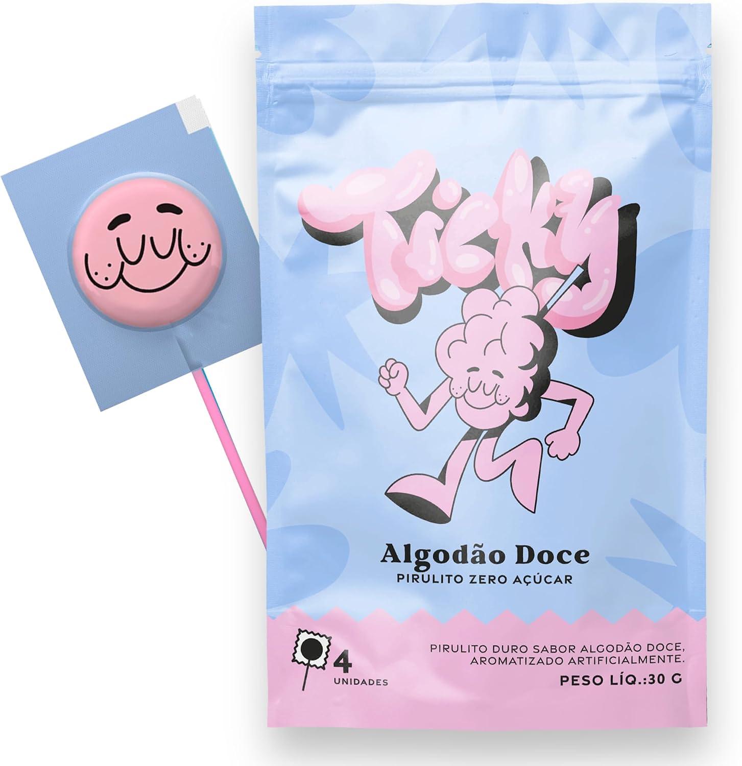 Pirulito Ticky Zero Açúcar Sabor Algodão Doce (4 Unidades)
