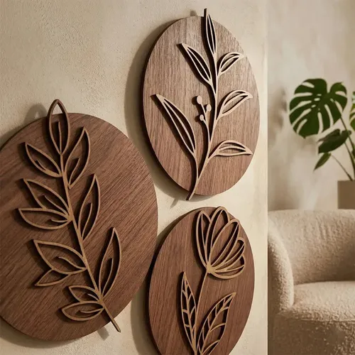 Trio de Quadros Redondos Decoração 3D em MDF Flor e Folhagem