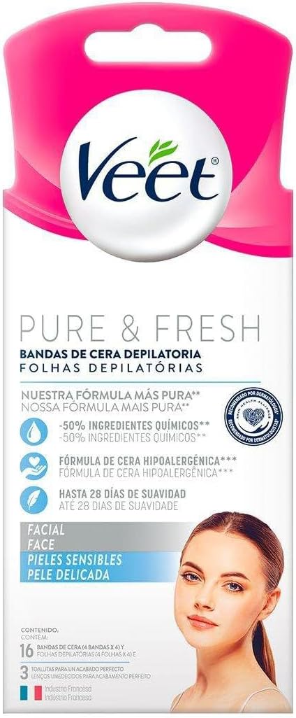 Veet Pure & Fresh Cera Fria Facial para Peles Delicadas - 16 Unidades