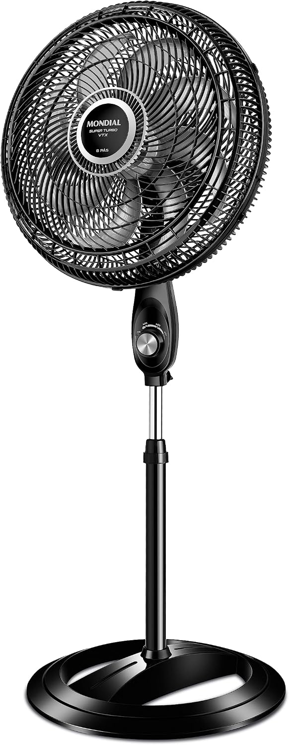 Ventilador de Coluna Mondial Turbo 8 Pás VTX-40C-8P Ventilador de coluna preto e prata com grade frontal e conjunto de oito pás internas