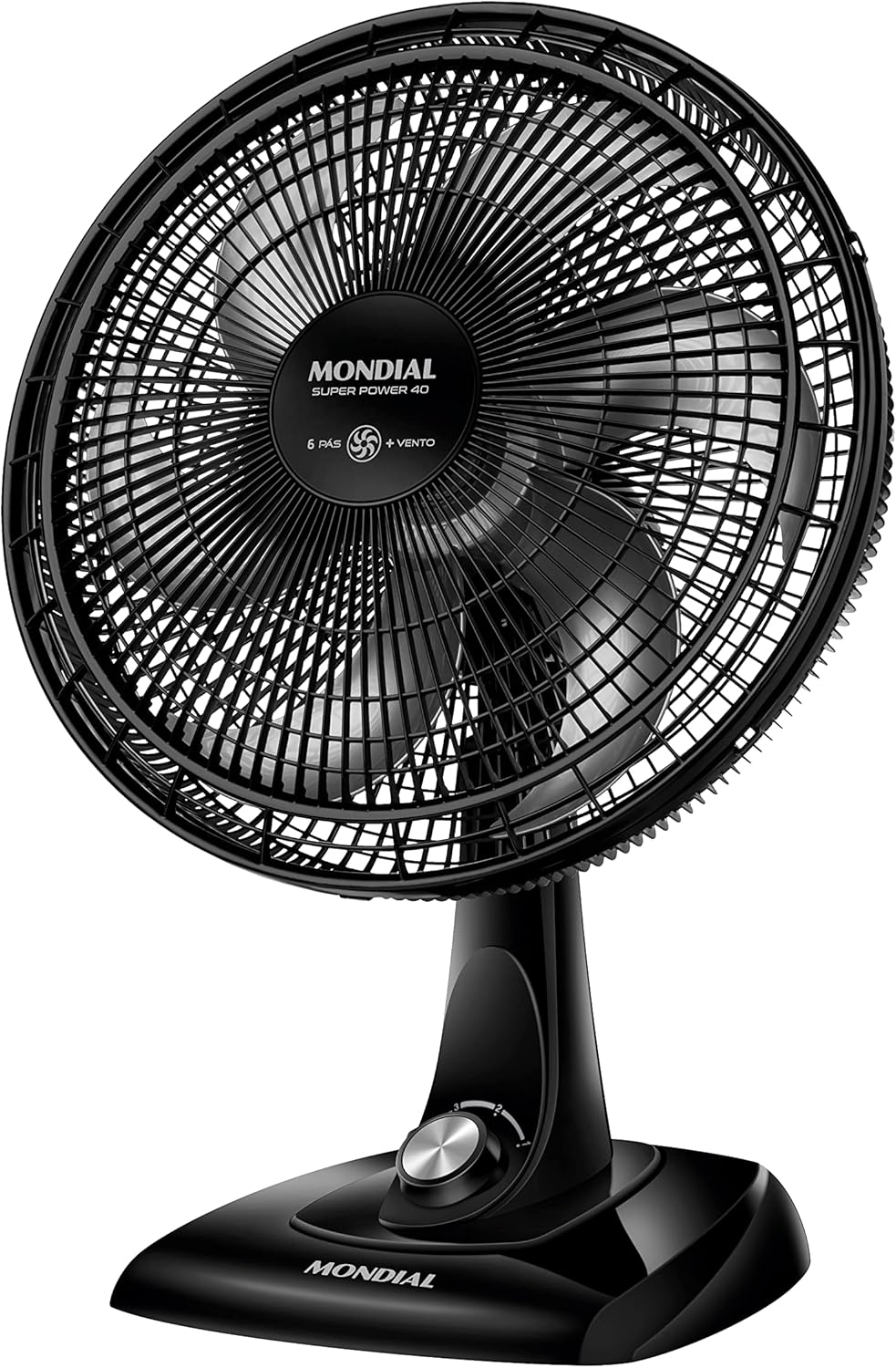 Ventilador Mondial Super Power 40cm VSP-40-B Ventilador de mesa preto e prata com quatro pás grandes e grade de proteção circular reforçada
