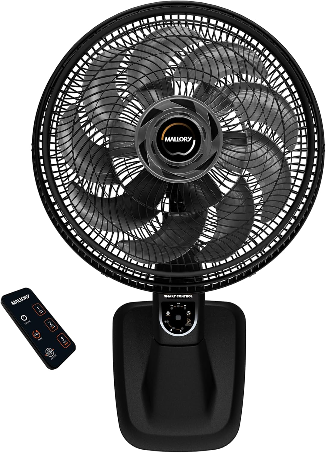Ventilador de Parede Mallory Smart Control 220V Ventilador de parede Mallory Smart Control na cor preta e grafite com controle remoto ao lado