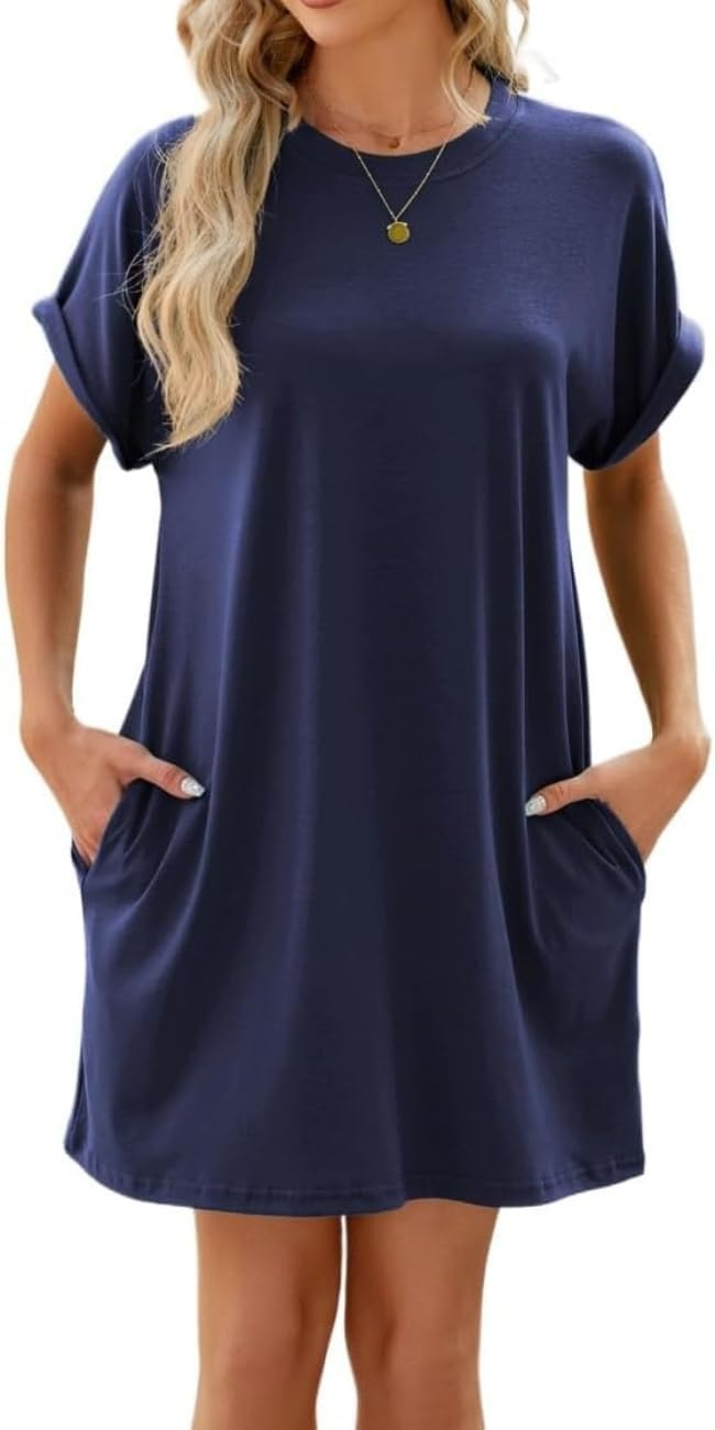 Vestido Casual de Manga Curta com Bolso e Gola Redonda