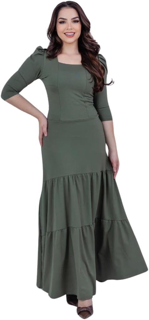 Vestido Longo Tubinho Manga 3/4 Moda Evangélica