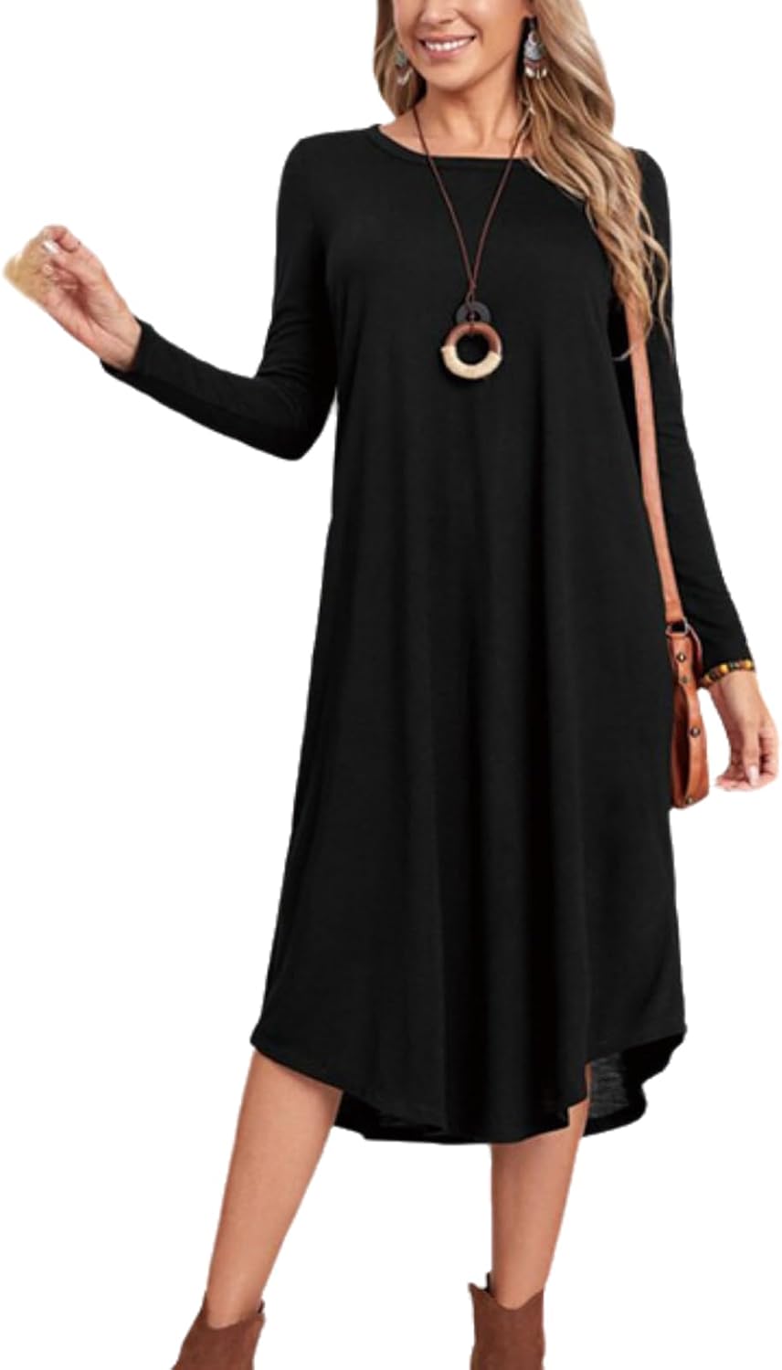 Vestido Feminino Midi de Manga Comprida com Fenda e Bolsos