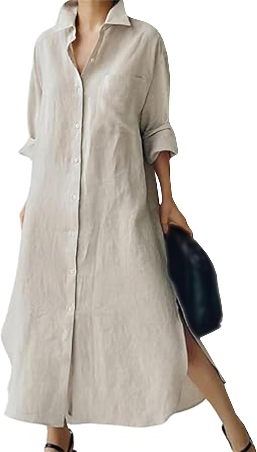 Vestido Maxi SOMTHRON em Algodão e Linho com Fenda Lateral