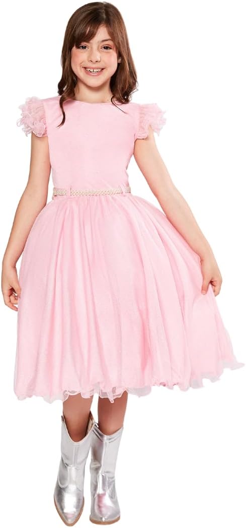 Vestido Festa Infantil Princesa Rosa com Glitter e Manga Bufante