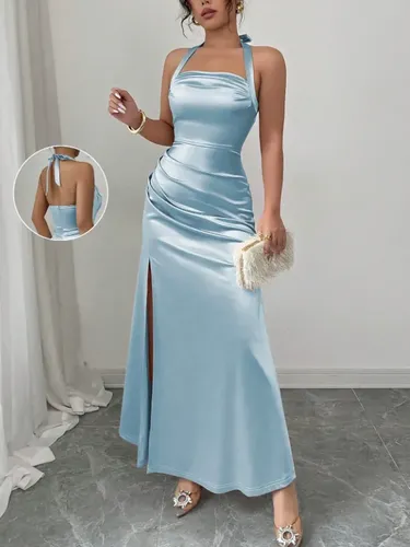 Vestido de Festa Longo de Cetim com Fenda Alta e Caimento Elegante