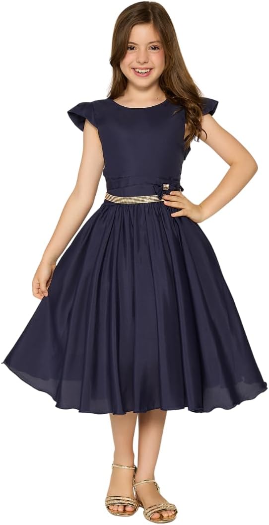 Vestido Infantil Festa e Casual Azul Marinho com Cinto de Brilho