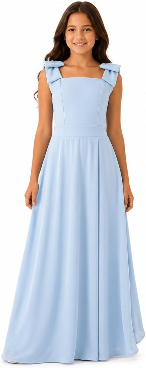 Vestido Infantil Juvenil Longo com Laço nos Ombros e Gola Quadrada