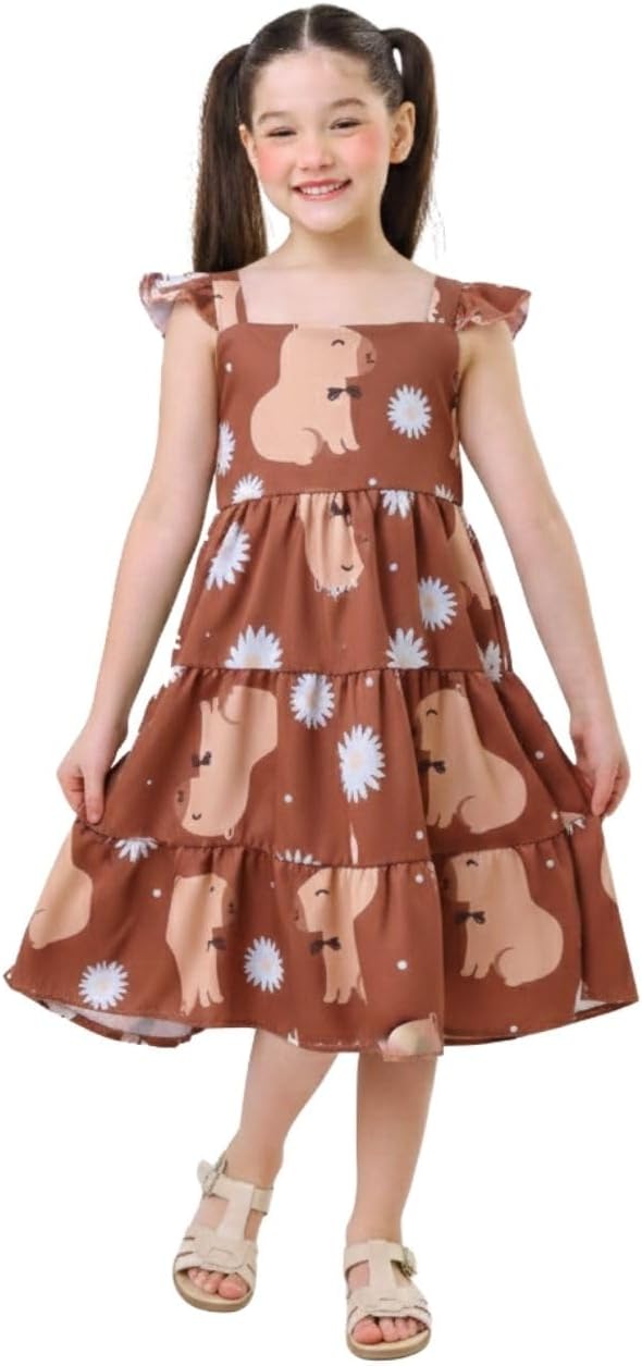 Vestido Infantil Menina com Estampa de Capivara Marrom