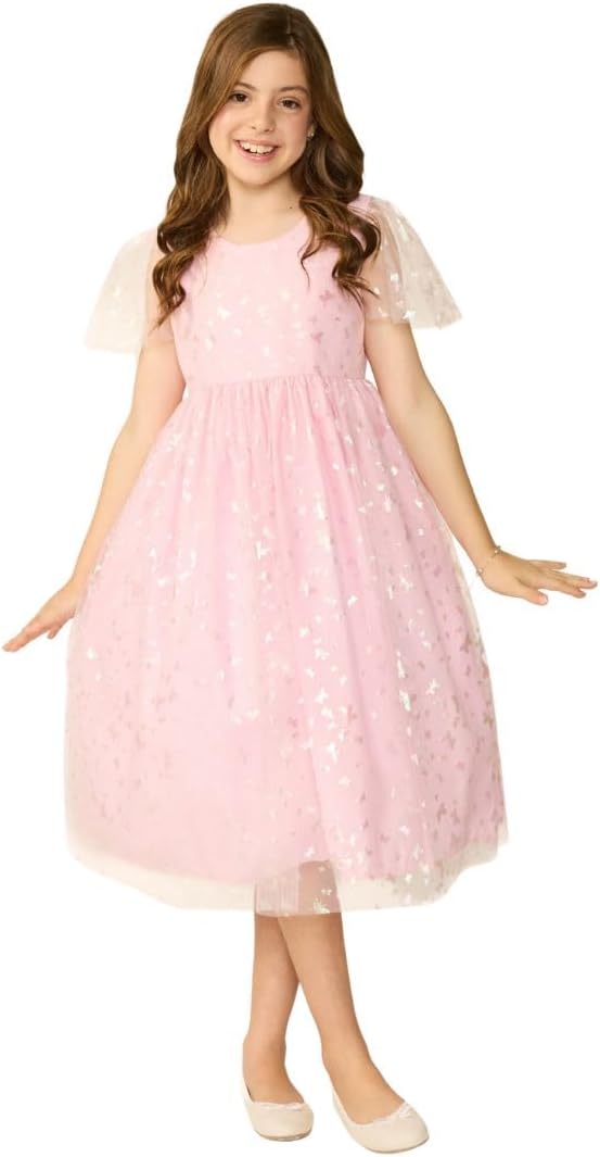 Vestido Infantil Rosa com Estampa de Borboletas e Saia de Voil