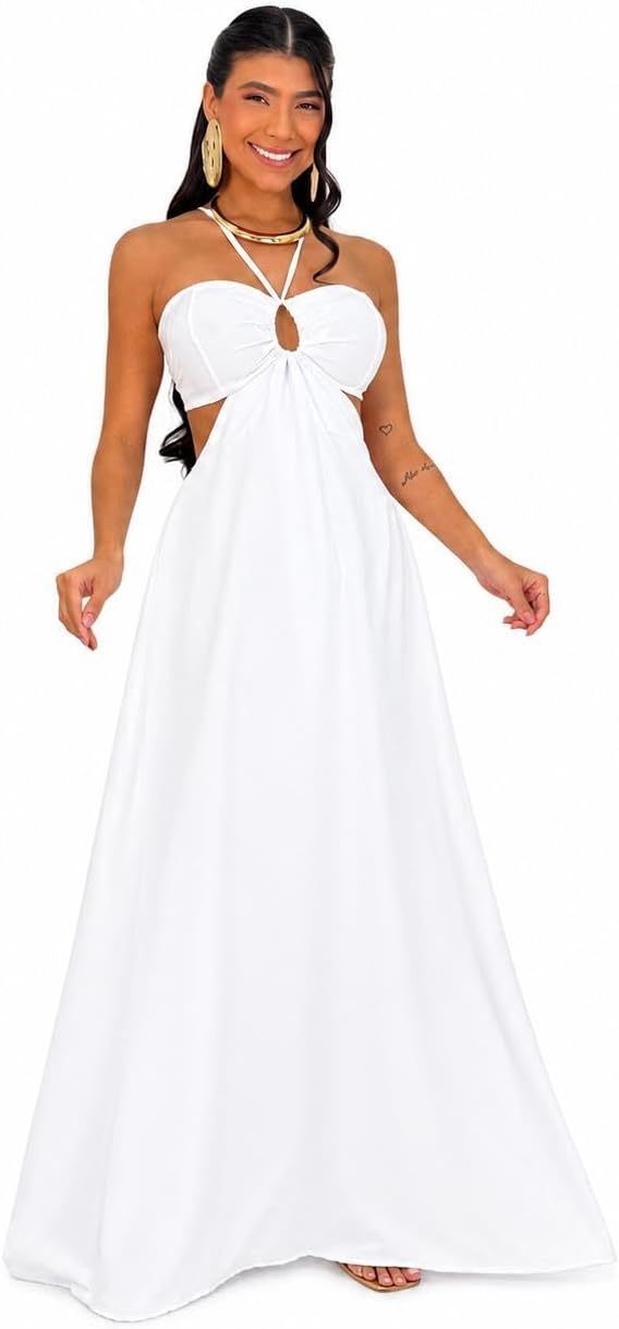 Vestido Longo Feminino Branco Halter Neck com Recorte Lateral