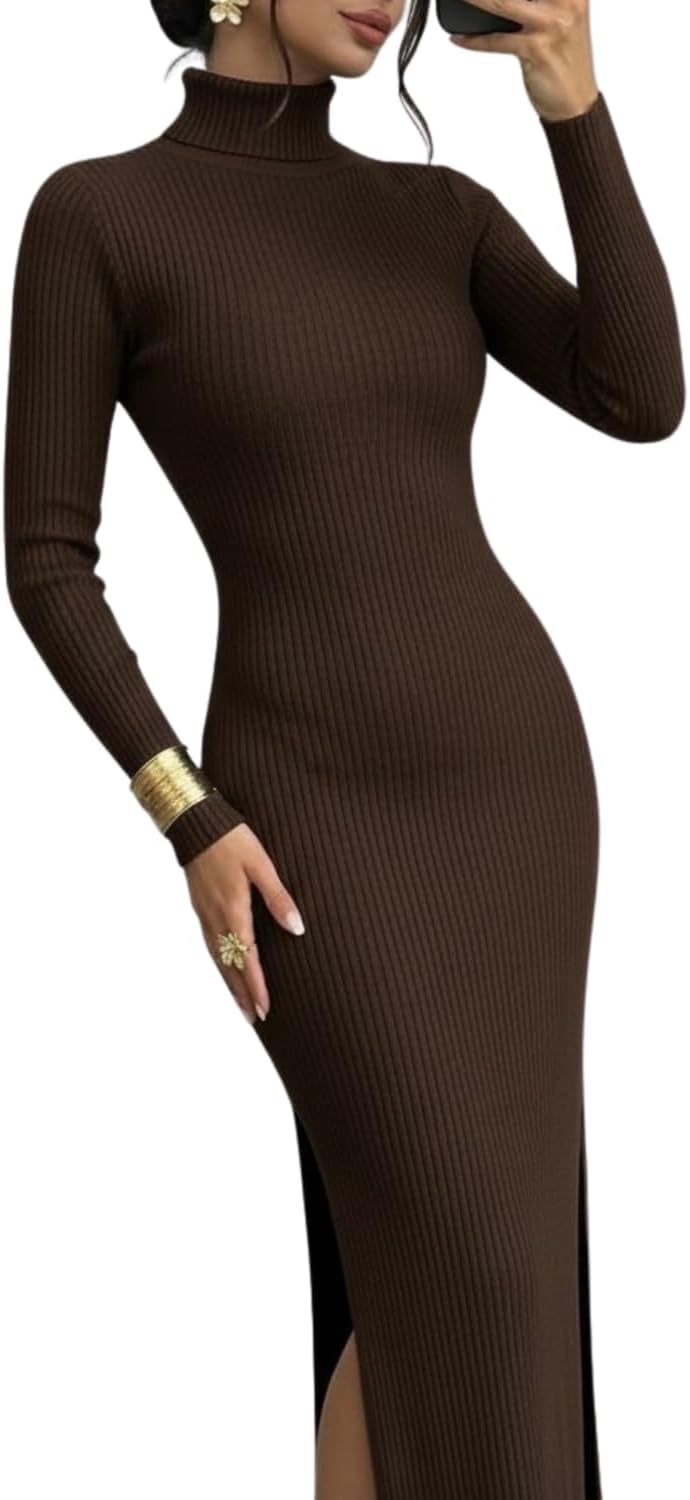 Vestido Longo Feminino Canelado com Gola Alta e Manga Longa